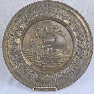 Peerage Embossed Brass Colonial Sailing Ship Plaque Wall Hanging Vintage